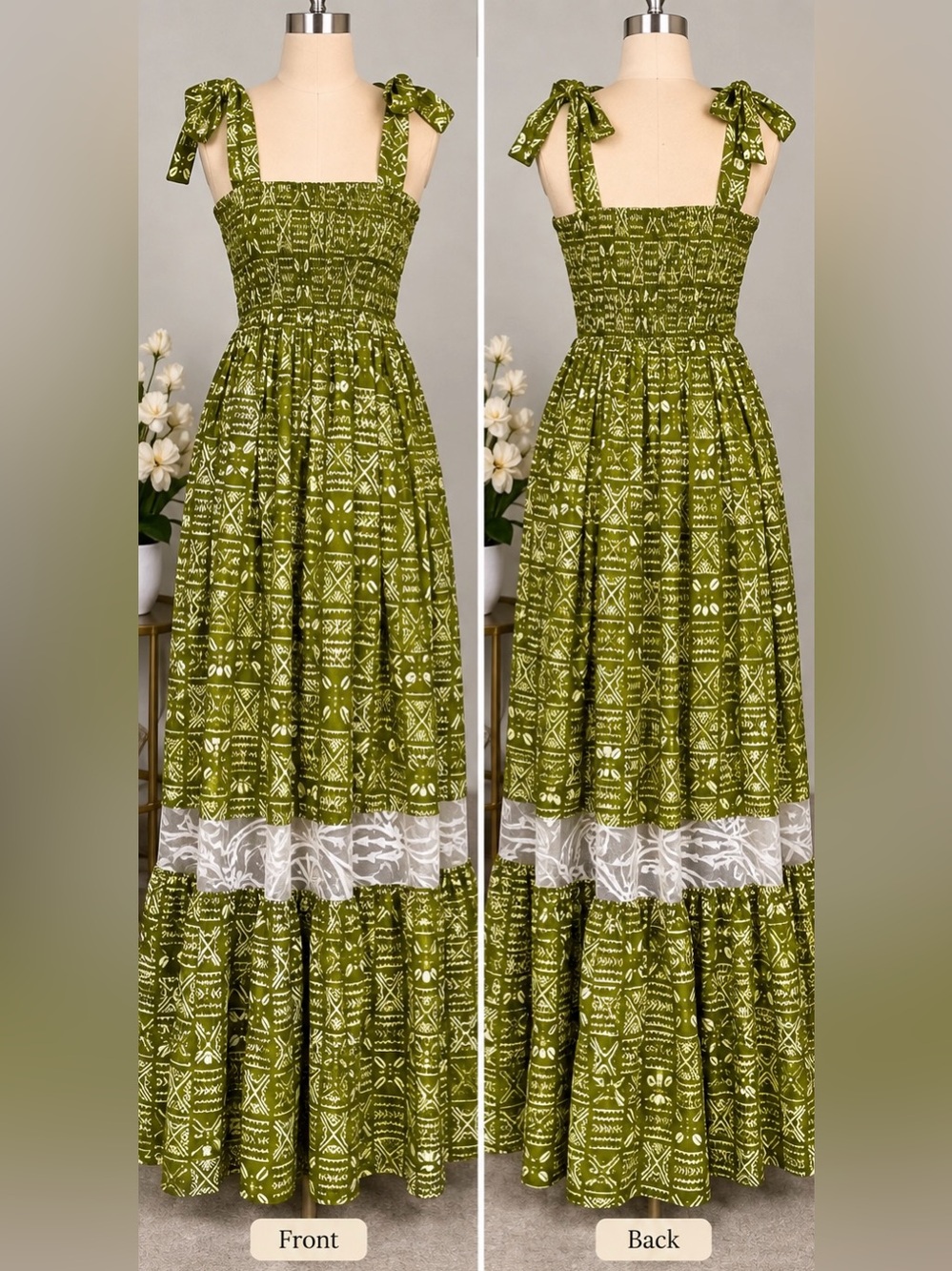 Smocked Olive Green Maxi Skirt with White Lace Trim